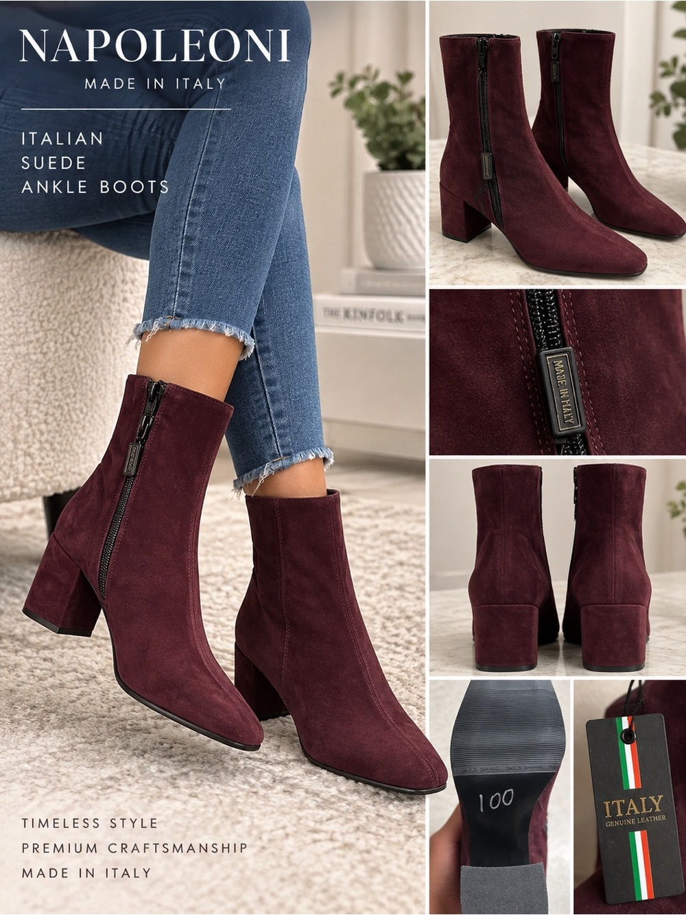 Napoleoni Italian Suede Burgundy Wine Ankle Boots Genuine Leather, Women’s 37